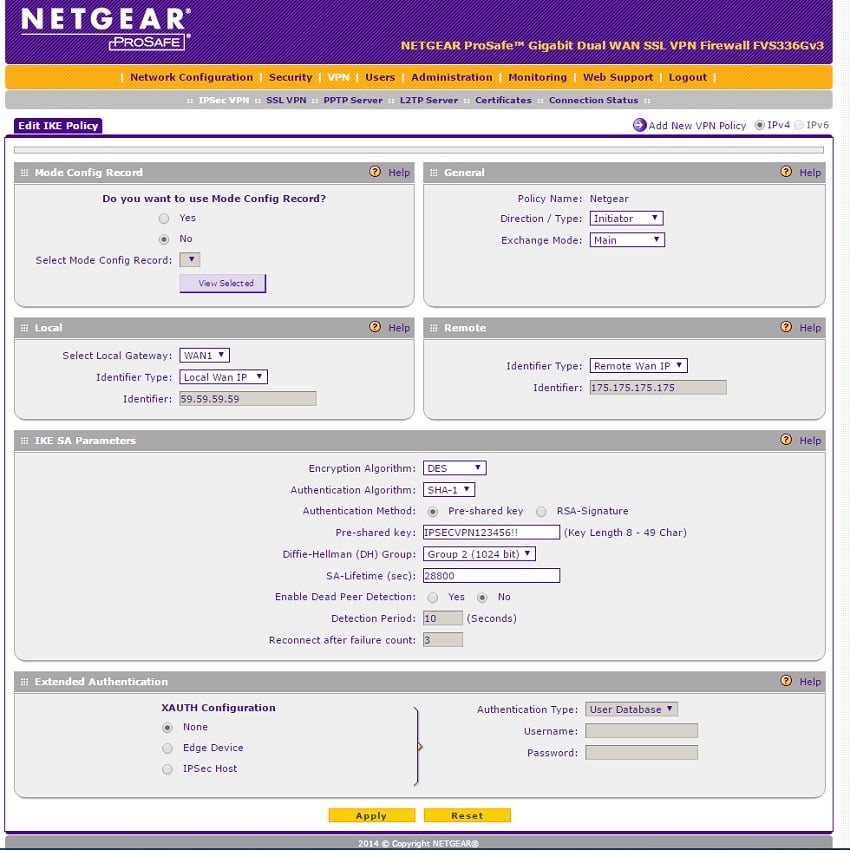 a screenshot of Netgear IKE policy